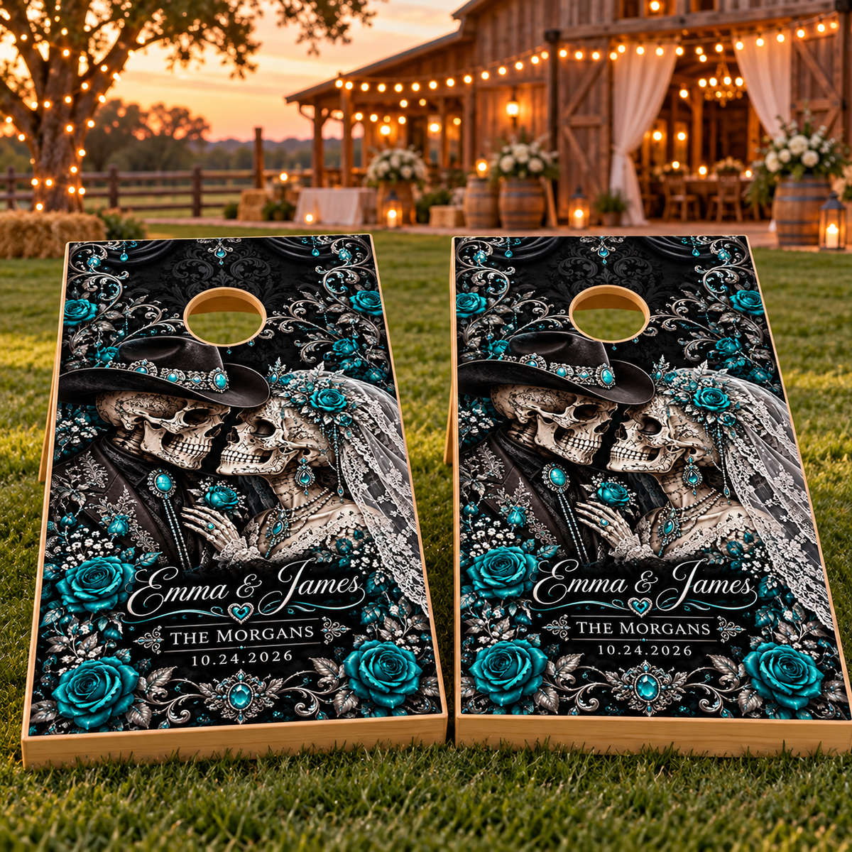 Two matching Black Silver Skull Romance wedding wraps on boards; boards not included
