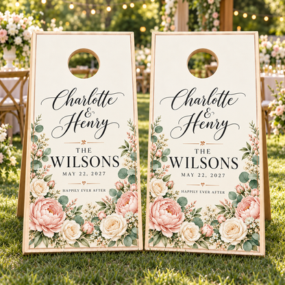 Blush Garden Personalized Wedding Cornhole Board Wraps on two boards at a garden reception; boards not included