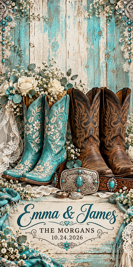 Turquoise Boots and Vows sample personalized artwork without hole
