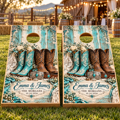 Two matching Turquoise Boots and Vows wedding wraps on boards; boards not included