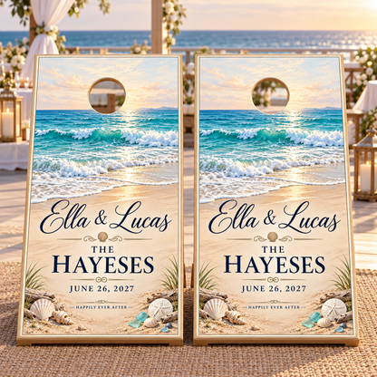 Two matching coastal ocean personalized wedding cornhole board wraps on boards at a wedding; boards not included