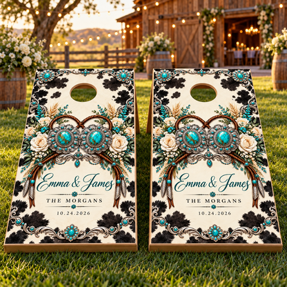 Two matching Cowhide and Concho Love wedding wraps on boards; boards not included