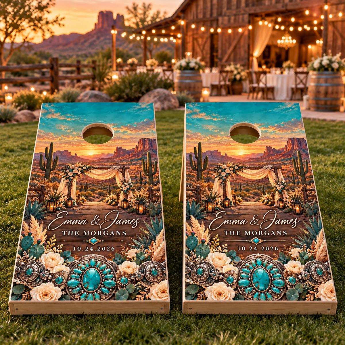 Two matching Turquoise Desert Vows wedding wraps on boards; boards not included