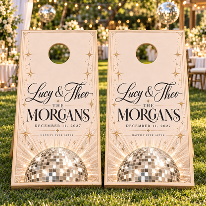 Two matching disco celebration personalized wedding cornhole board wraps on boards at a wedding; boards not included
