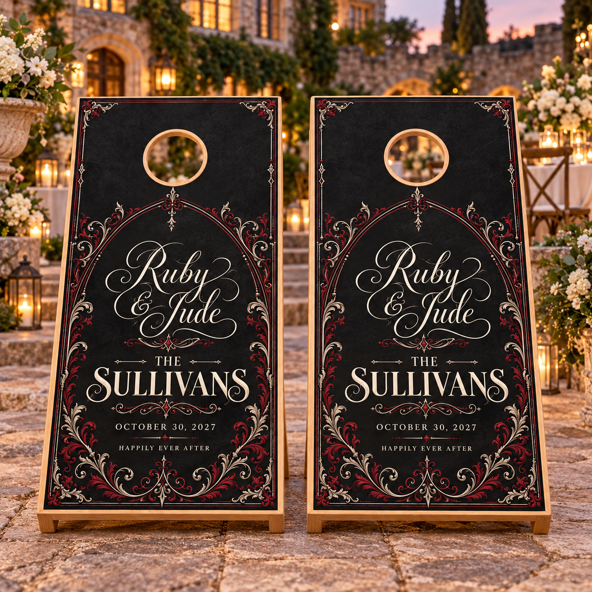 Two matching gothic romance personalized wedding cornhole board wraps on boards at a wedding; boards not included