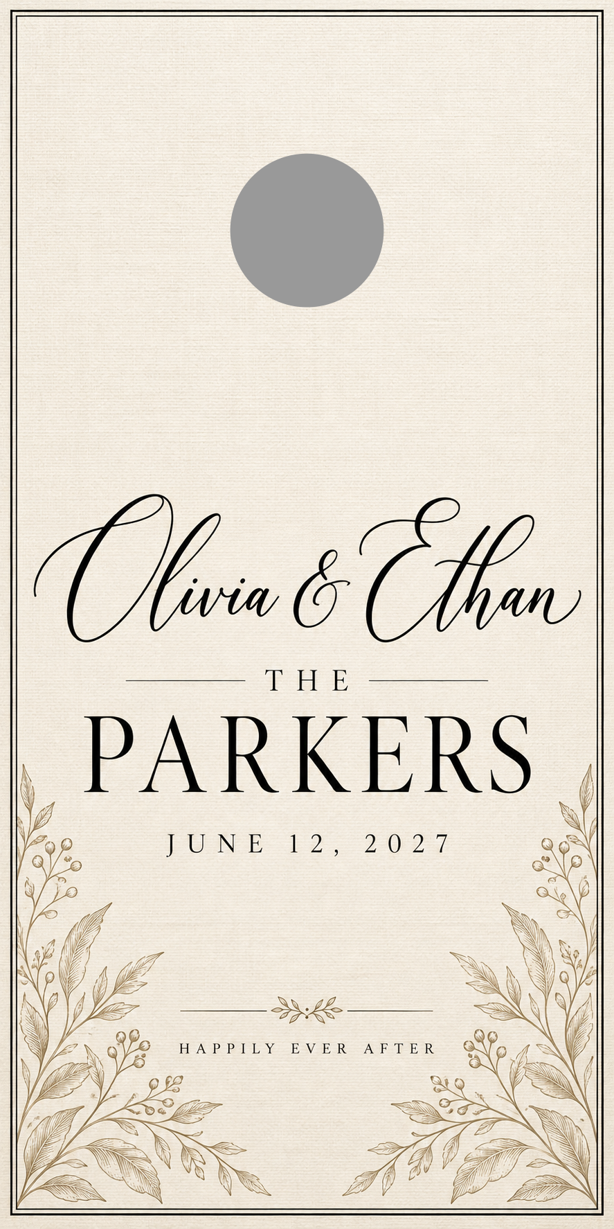 Modern Ivory Personalized Wedding Cornhole Board Wraps with gray 6-inch hole-placement marker; marker is not printed