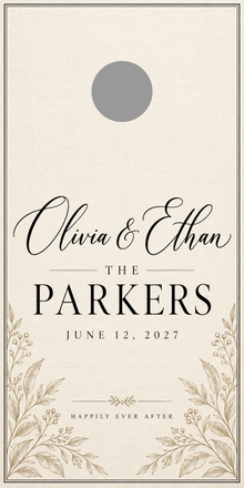 Modern Ivory Personalized Wedding Cornhole Board Wraps with gray 6-inch hole-placement marker; marker is not printed