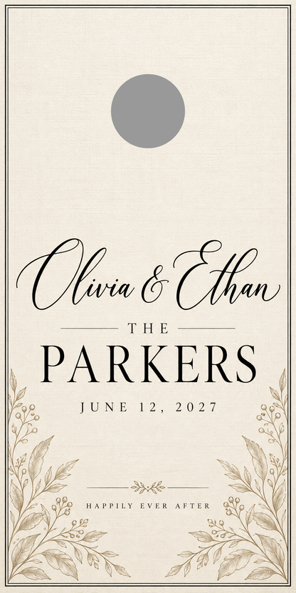Modern Ivory Personalized Wedding Cornhole Board Wraps with gray 6-inch hole-placement marker; marker is not printed