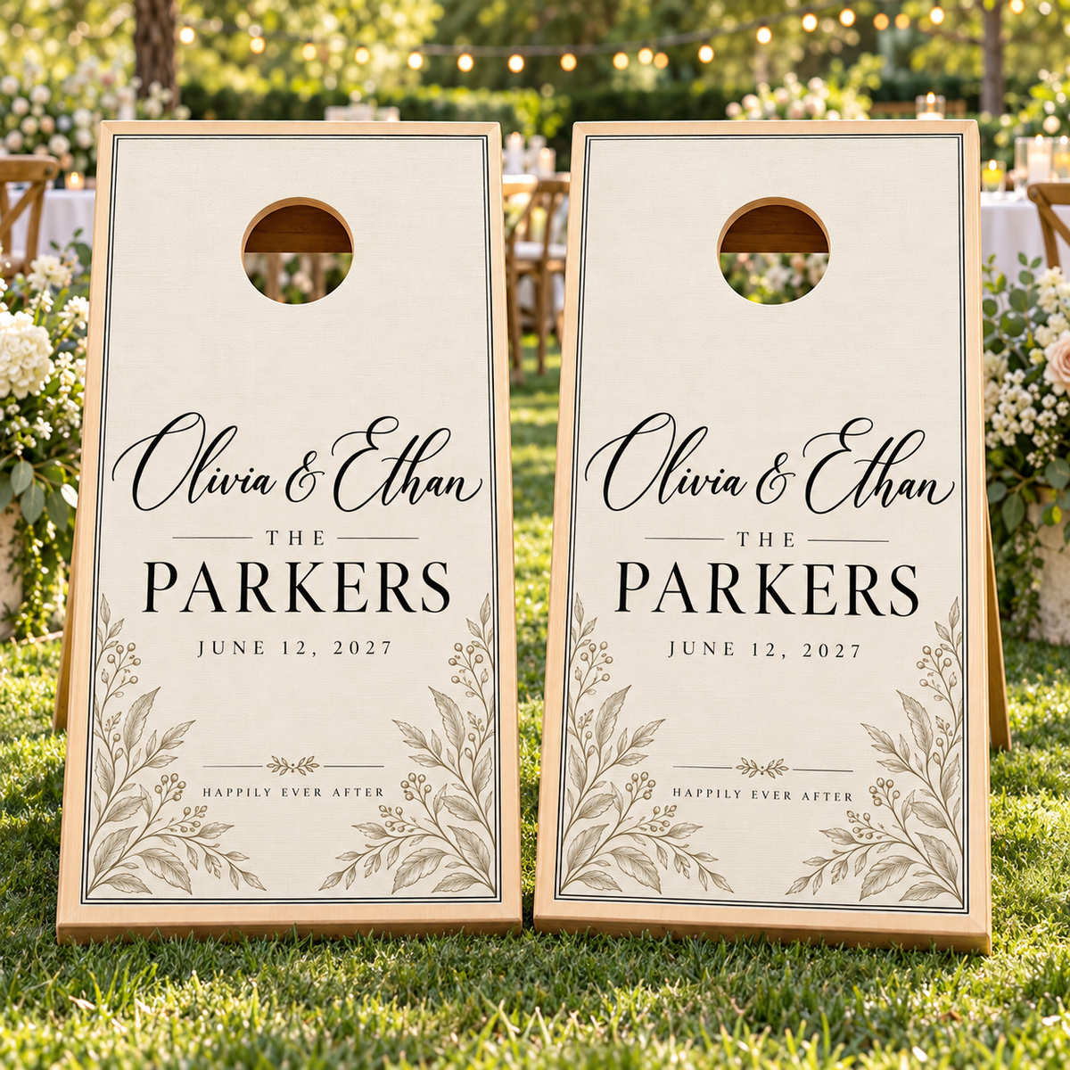 Modern Ivory Personalized Wedding Cornhole Board Wraps on two boards at a garden reception; boards not included