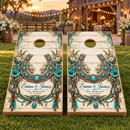 Two matching Jeweled Horseshoe Forever wedding wraps on boards; boards not included