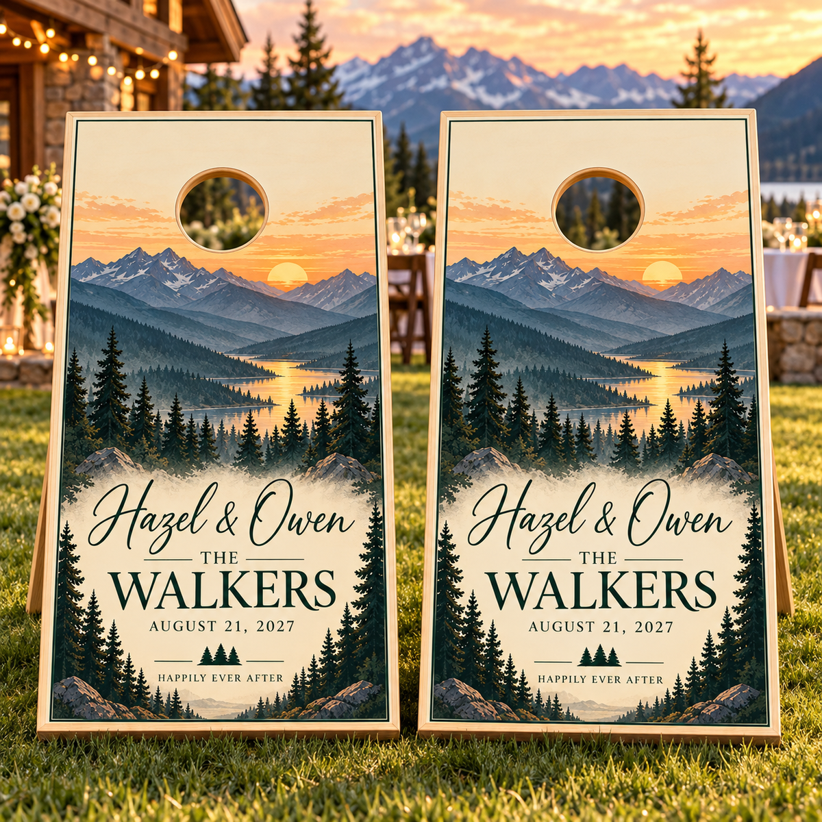 Two matching mountain adventure personalized wedding cornhole board wraps on boards at a wedding; boards not included