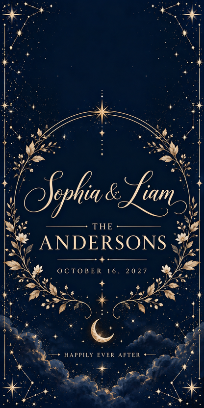 Navy Celestial Personalized Wedding Cornhole Board Wraps sample artwork without hole