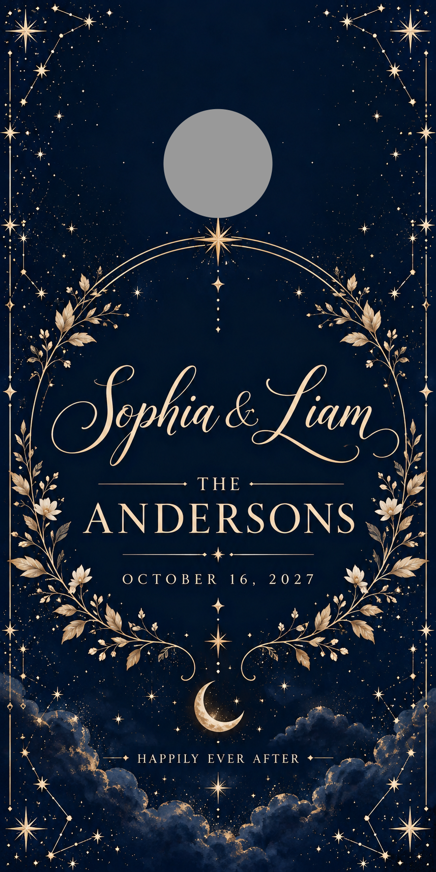 Navy Celestial Personalized Wedding Cornhole Board Wraps with gray 6-inch hole-placement marker; marker is not printed
