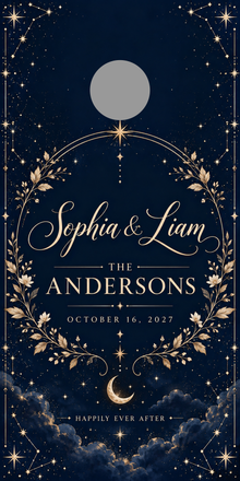 Navy Celestial Personalized Wedding Cornhole Board Wraps with gray 6-inch hole-placement marker; marker is not printed