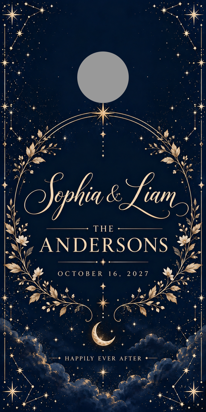 Navy Celestial Personalized Wedding Cornhole Board Wraps with gray 6-inch hole-placement marker; marker is not printed