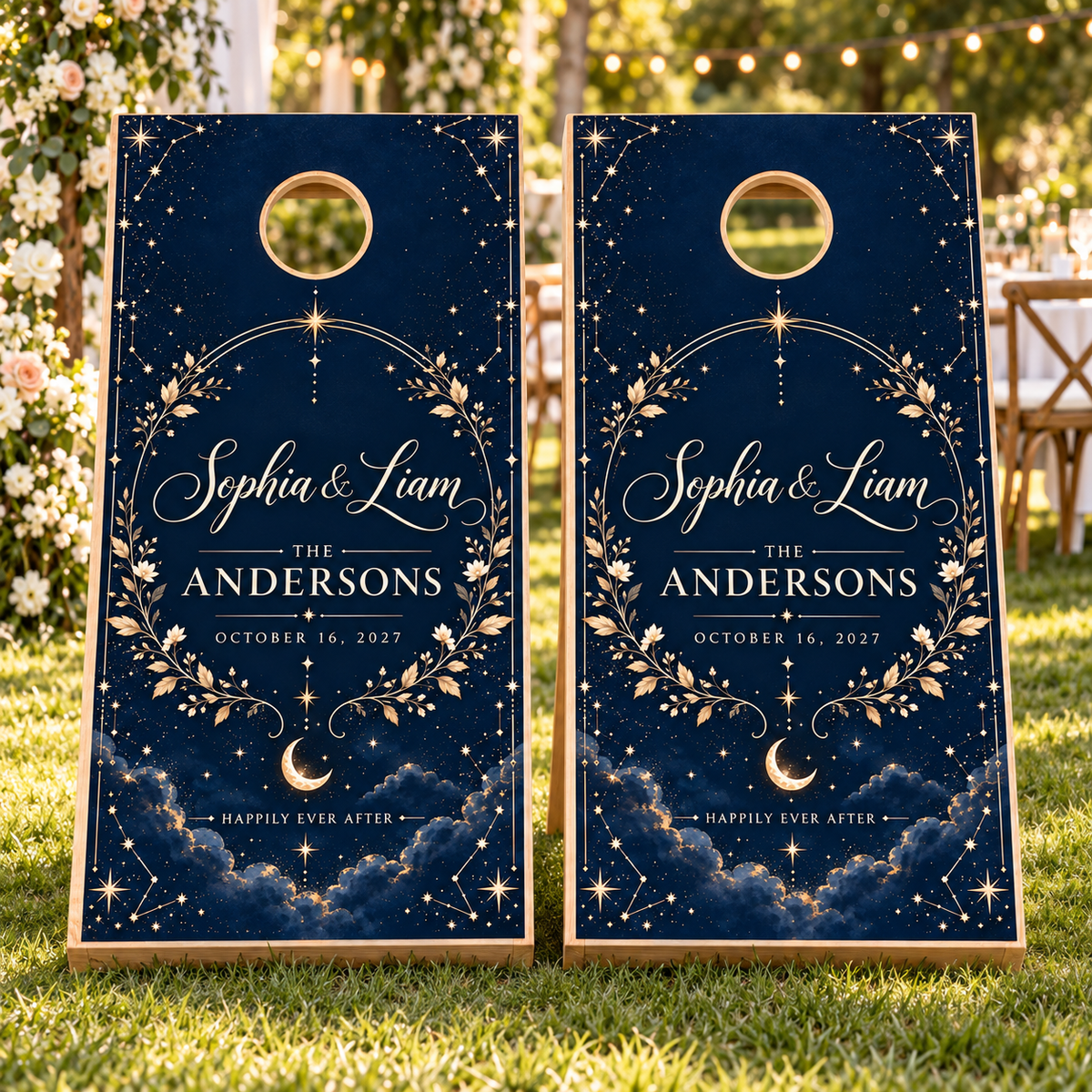 Navy Celestial Personalized Wedding Cornhole Board Wraps on two boards at a garden reception; boards not included