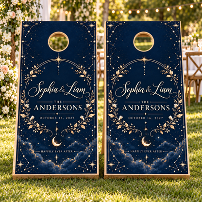 Navy Celestial Personalized Wedding Cornhole Board Wraps on two boards at a garden reception; boards not included