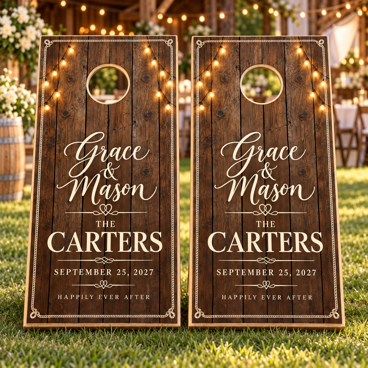 Two matching rustic barnwood personalized wedding cornhole board wraps on boards at a wedding; boards not included