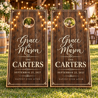 Two matching rustic barnwood personalized wedding cornhole board wraps on boards at a wedding; boards not included