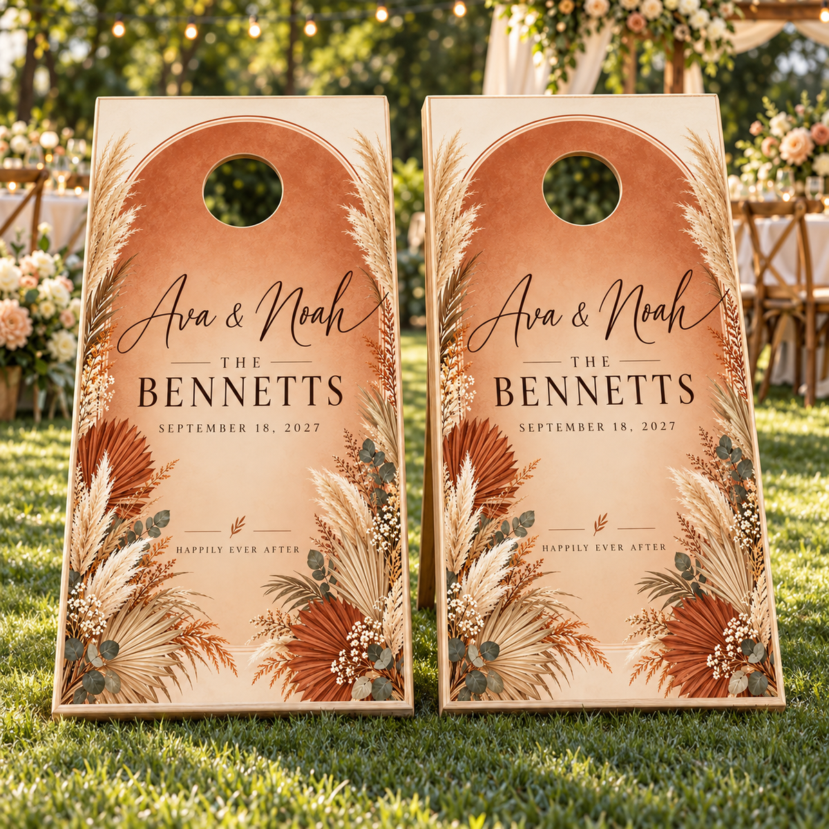 Terracotta Boho Personalized Wedding Cornhole Board Wraps on two boards at a garden reception; boards not included