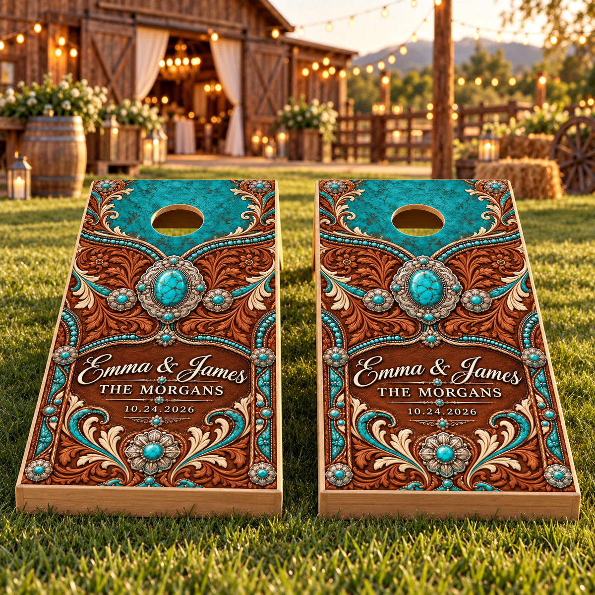 Two matching Turquoise Tooled Leather wedding wraps on boards; boards not included