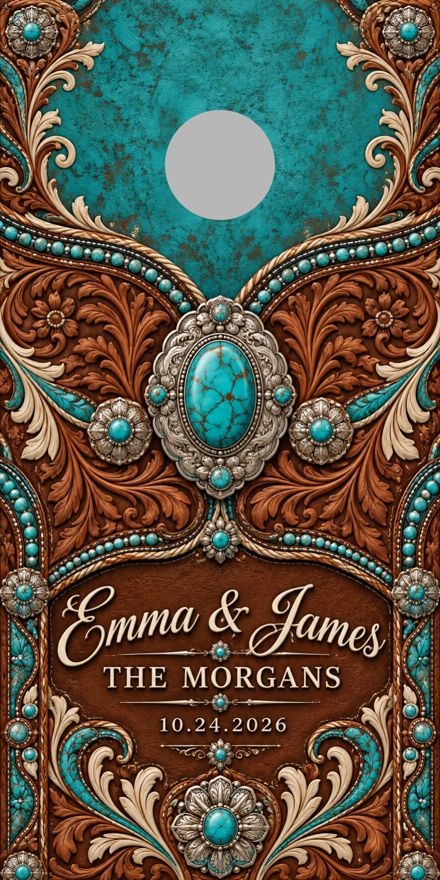 Turquoise Tooled Leather 6-inch gray hole-placement proof marker; marker is not printed