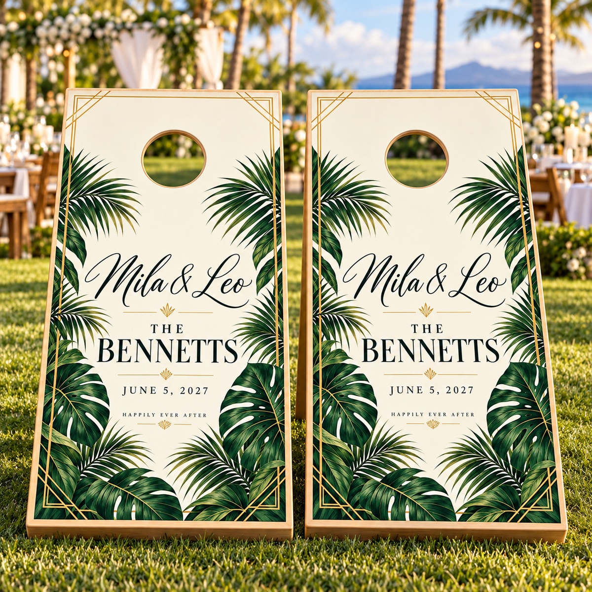 Two matching tropical palm personalized wedding cornhole board wraps on boards at a wedding; boards not included