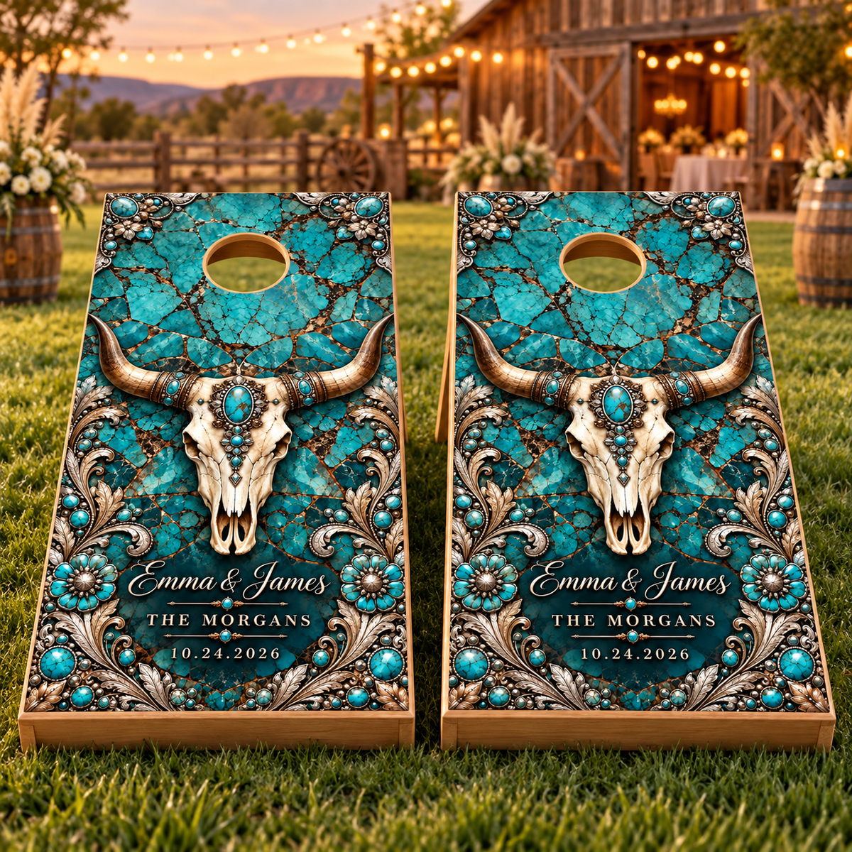 Two matching Turquoise Mosaic Longhorn wedding wraps on boards; boards not included