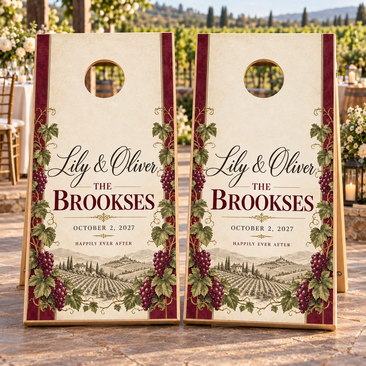 Two matching vineyard romance personalized wedding cornhole board wraps on boards at a wedding; boards not included