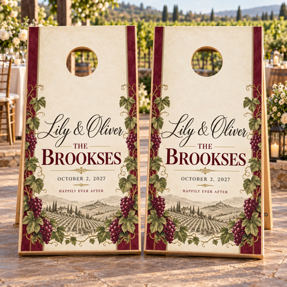 Two matching vineyard romance personalized wedding cornhole board wraps on boards at a wedding; boards not included