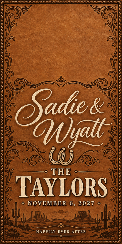 Western Romance Personalized Wedding Cornhole Board Wraps sample artwork without hole