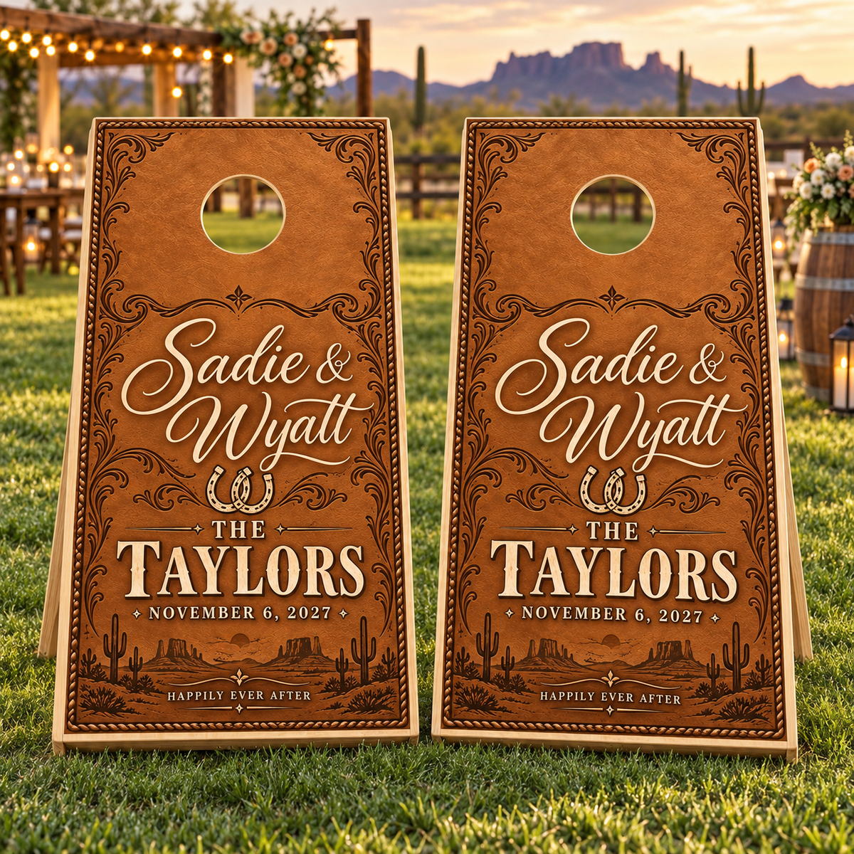 Two matching western romance personalized wedding cornhole board wraps on boards at a wedding; boards not included