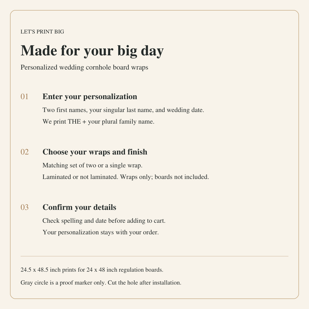 Personalization, sizing, quantity and finish guide