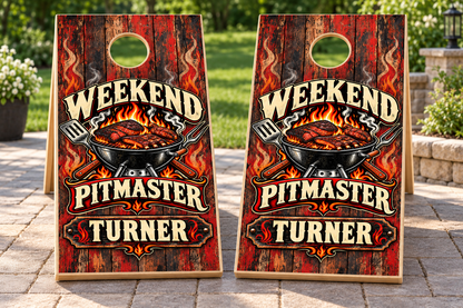 Weekend Pitmaster personalized cornhole wraps - mockup