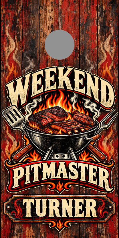 Weekend Pitmaster personalized cornhole wraps - proof