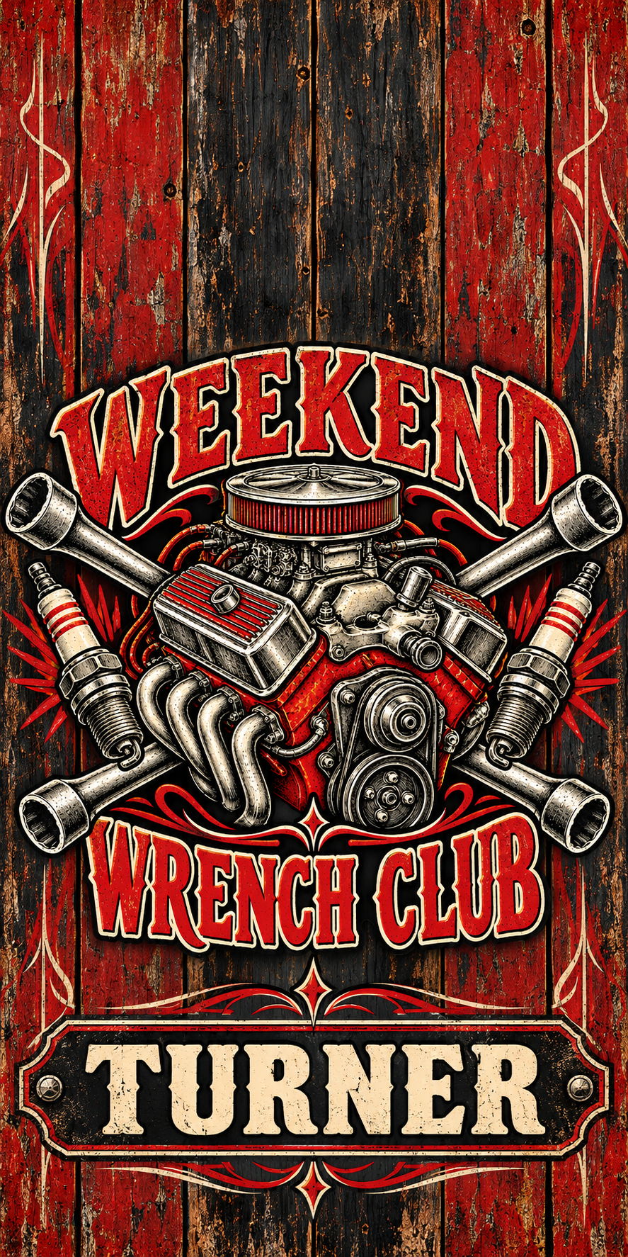 Weekend Wrench Club Personalized Cornhole Board Wraps — flat artwork with no hole; example name TURNER