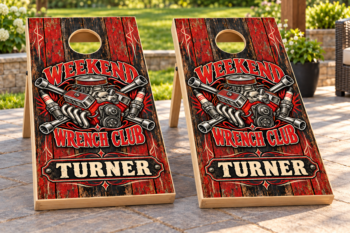 Weekend Wrench Club Personalized Cornhole Board Wraps — matching personalized boards mockup; boards not included