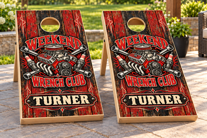 Weekend Wrench Club Personalized Cornhole Board Wraps — matching personalized boards mockup; boards not included