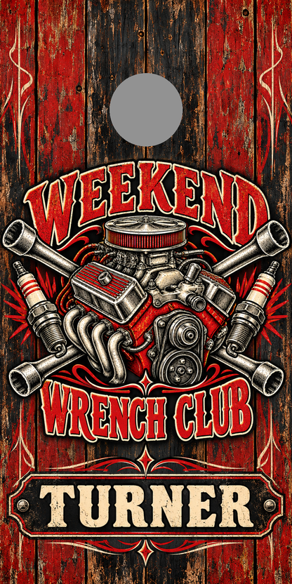 Weekend Wrench Club Personalized Cornhole Board Wraps — with gray hole-position proof marker; marker not printed