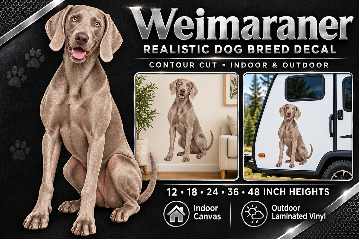Weimaraner decal summary — 12 to 48 inch heights, indoor and outdoor