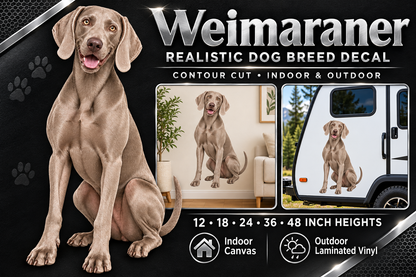 Weimaraner decal summary — 12 to 48 inch heights, indoor and outdoor
