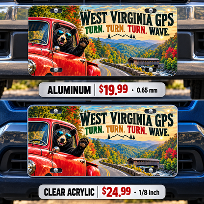 West Virginia Turn and Wave funny license plate — aluminum and acrylic vehicle mockups