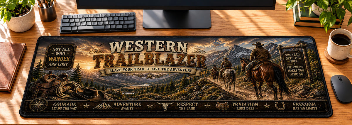 Western Trailblazer Desk Mat in use on a warm wood office desk — overhead workspace view