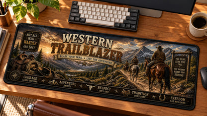 Western Trailblazer Desk Mat in use on a warm wood office desk — angled workspace view