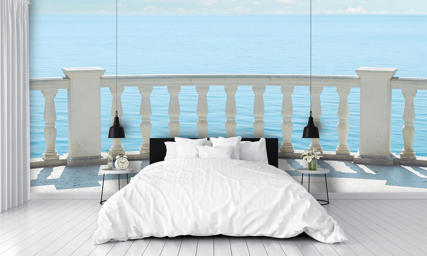 White Railing Balcony Ocean View Wall Mural Wallpaper bedroom