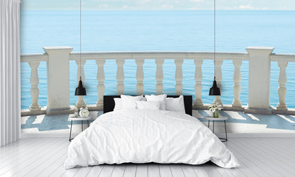 White Railing Balcony Ocean View Wall Mural Wallpaper bedroom