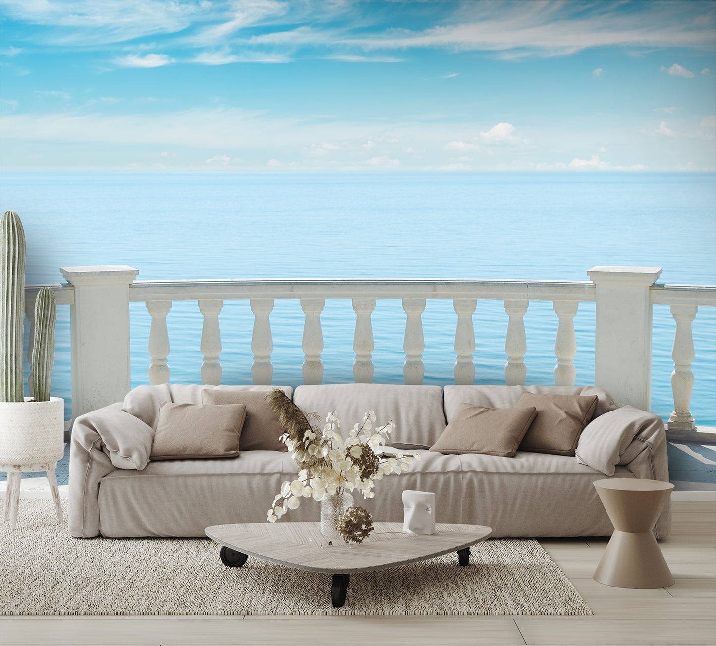White Railing Balcony Ocean View Wall Mural Wallpaper living room