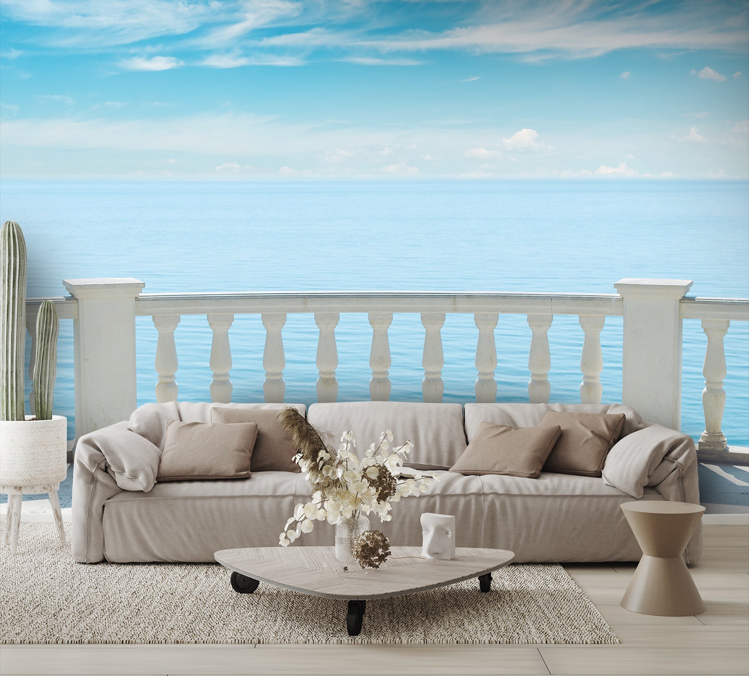White Railing Balcony Ocean View Wall Mural Wallpaper living room