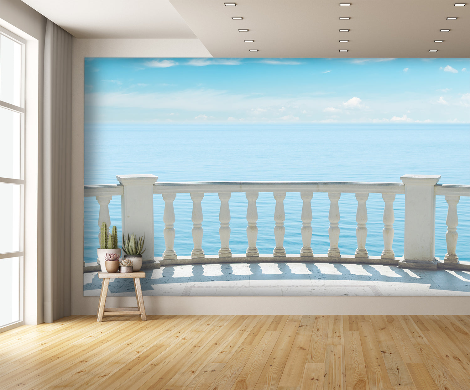 White Railing Balcony Ocean View Wall Mural Wallpaper extra room