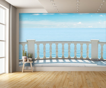 White Railing Balcony Ocean View Wall Mural Wallpaper extra room